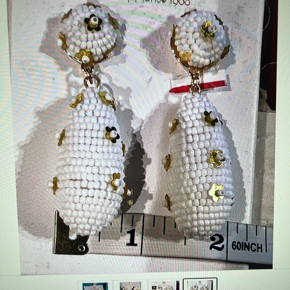 House o Harlow 1960 Beaded White & Gold Floral  Sequin Drop Earring Rare NIB - Picture 2 of 3